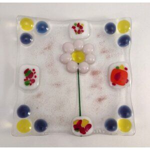 Murano Style Fused Art Glass Trinket Dish Tray Flower Jewelry Square 6"x6" Plate